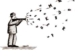 Vignetta di Sergio Perini: un uomo spara lettere da un fucile