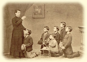 Don Bosco mentre confessa i suoi ragazzini
