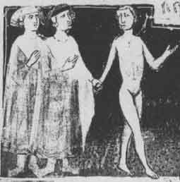 Dante e Virgilio incontrano Brunetto Latini fra i sodomiti. Miniatura dalla Divina Commedia, canto XVI.