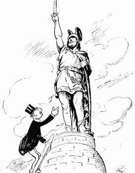 Caricatura: Hirschfeld parla con il monumento al guerriero Arminio