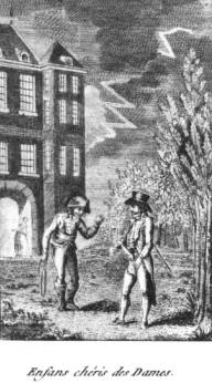 Scena di ''battuage'' in un parco, in un'incisione della fine del XVIII secolo