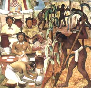 Lavori maschili e femminili degli Aztechi, da un affresco di Diego Rivera (ca. 1940).