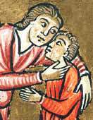 Bacio fra un uomo e un ragazzo. Miniatura medievale