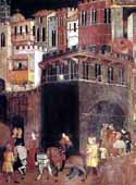 Siena nel 1340 circa. Dall'''Allegoria del buon governo'' di Lorenzetti.