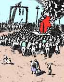 La folla assiste ad un rogo e due impiccagioni. Dettaglio da: Bruegel ''La giustizia''.