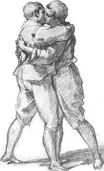 Bartolomeo Sesi, Due uomini si abbracciano e baciano.