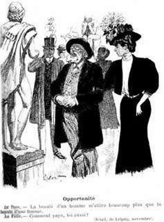 Un uomo al museo ammira una statua greca con la figlia. Vignetta del 1904.