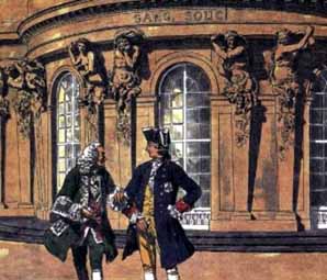 Voltaire e Federico II alla reggia di Sans-Souci in un disegno ottocentesco