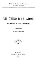 Copertina Marziani Copertina di don Giovanni Battista Marziani, Un grido d'allarme all'indirizzo di tutti i taorminesi. Discorso 14 giugno 1908, Tipografia san Giuseppe, Messina 1908