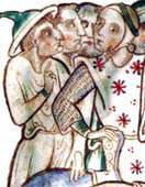 Gruppo di cavalieri. Miniatura del XIII secolo.
