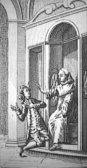 Un frate confessa un adolescente. Incisione tardo-settecentesca.
