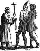 Eretico condotto al rogo e confessore - Incisione spagnola del sec. XVII