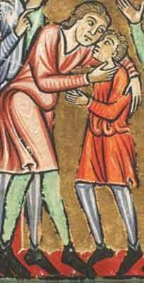 Giuseppe bacio il fratello Beniamino. Miniatura medievale.
